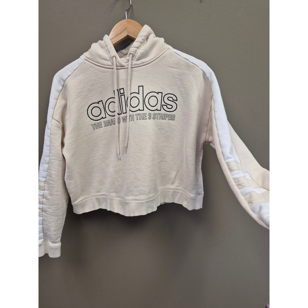 Adidas Womens Cropped‎ Hoodie Cream Logo Athleisure Y2K Clean Girl Sweatshirt